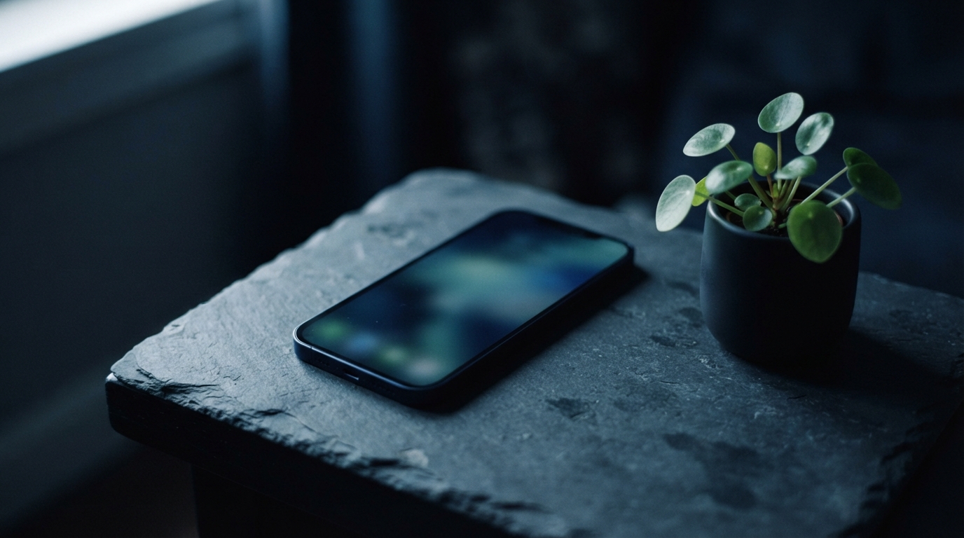 Black smartphone and round-leaf green plant on a rough slate tabletop in a dark, blue-toned setting.
