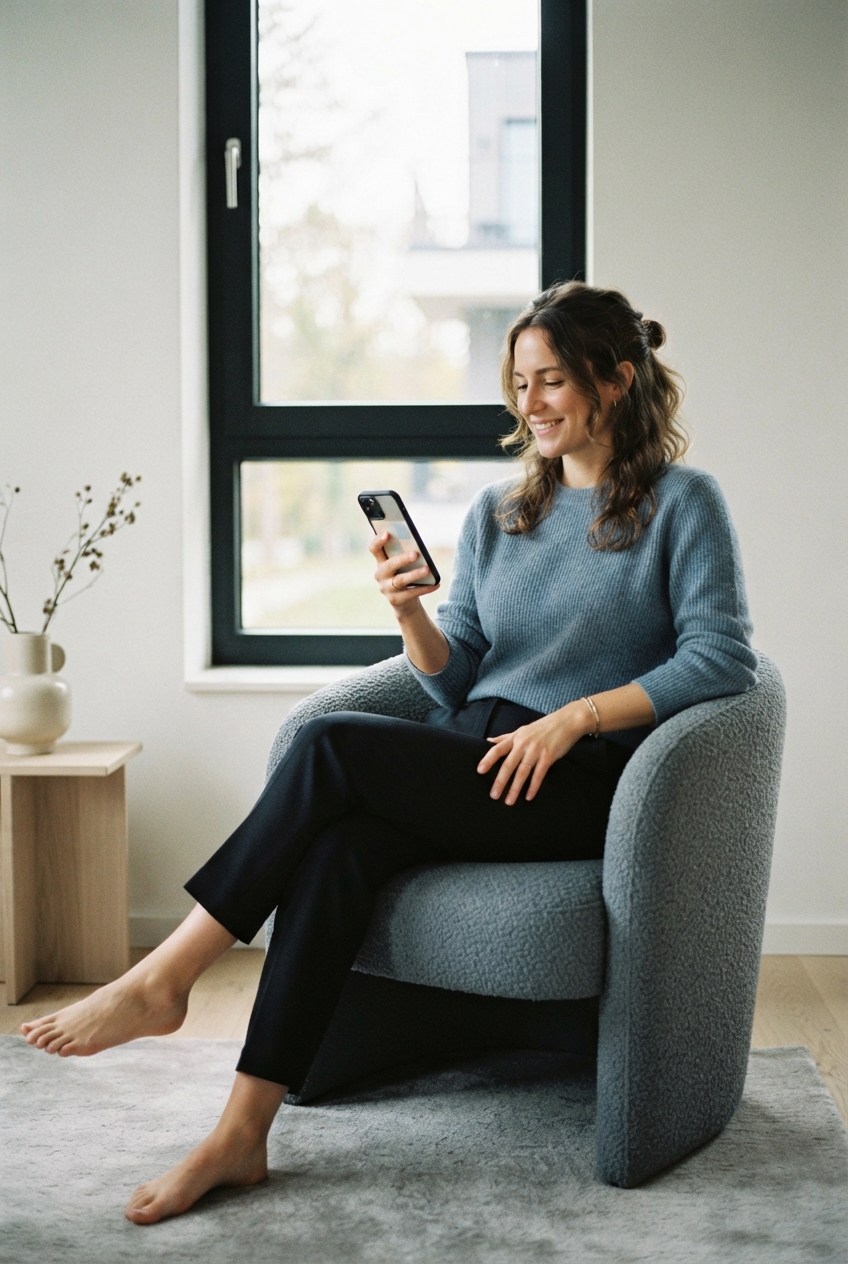 Smiling woman in a blue sweater sits barefoot in an armchair while looking at her smartphone.